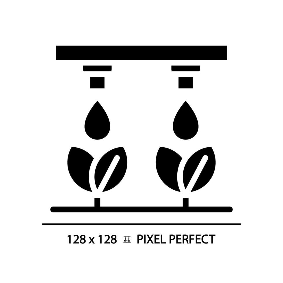 druppelen irrigatie zwart glyph icoon. water beheer. precisie landbouw. water behoud. silhouet symbool Aan wit ruimte. solide pictogram. geïsoleerd illustratie. pixel perfect vector