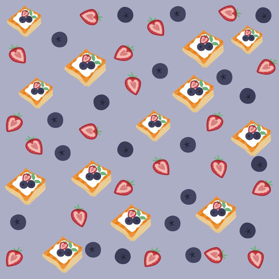 bladerdeeg gebakje fruit taartjes met room vulling patroon. gebakje, bosbes, en aardbei patroon voor behang, oppervlakte ontwerp en kleding stof patroon vector