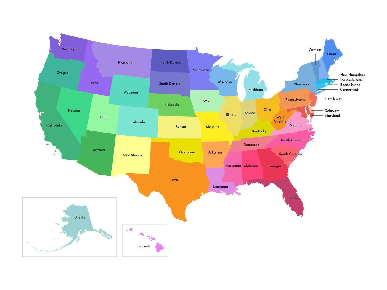 geïsoleerd illustratie van vereenvoudigd administratief kaart van Verenigde Staten van Amerika, Verenigde staten van Amerika. borders en namen van de staten, Regio's. kleurrijk silhouetten. vector