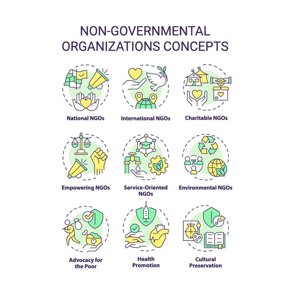 niet-gouvernementele organisaties multi kleur concept pictogrammen. vechten voor menselijk rechten. sociaal gerechtigheid. humanitair hulp. icoon pak. ronde vorm illustraties. abstract idee vector