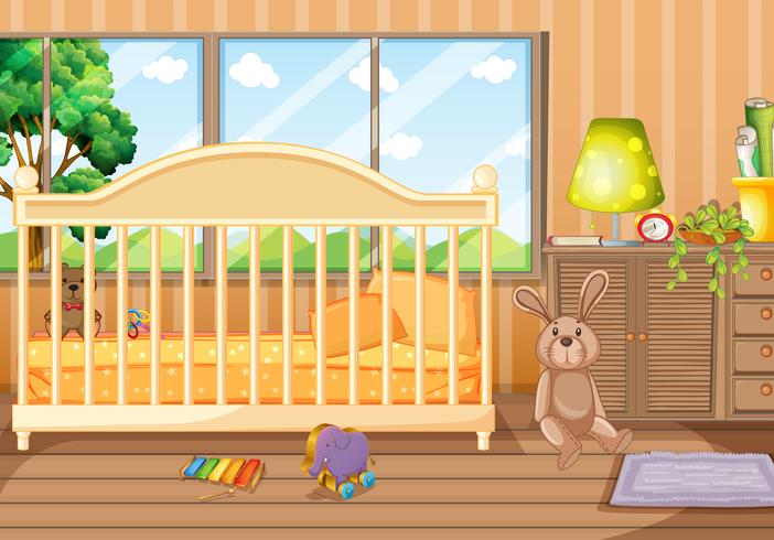 Slaapkamer scène met speelgoed en babybedje vector