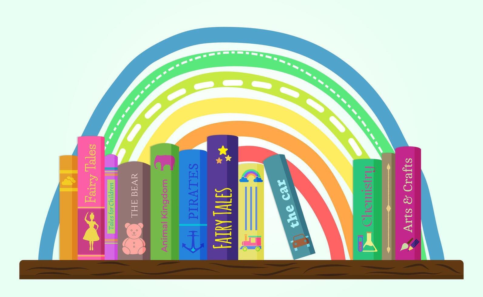 grappig boek illustratie ontwerp voor kinderen met regenboog. kinderen boekenplank of boekenkast met boeken banier achtergrond vector