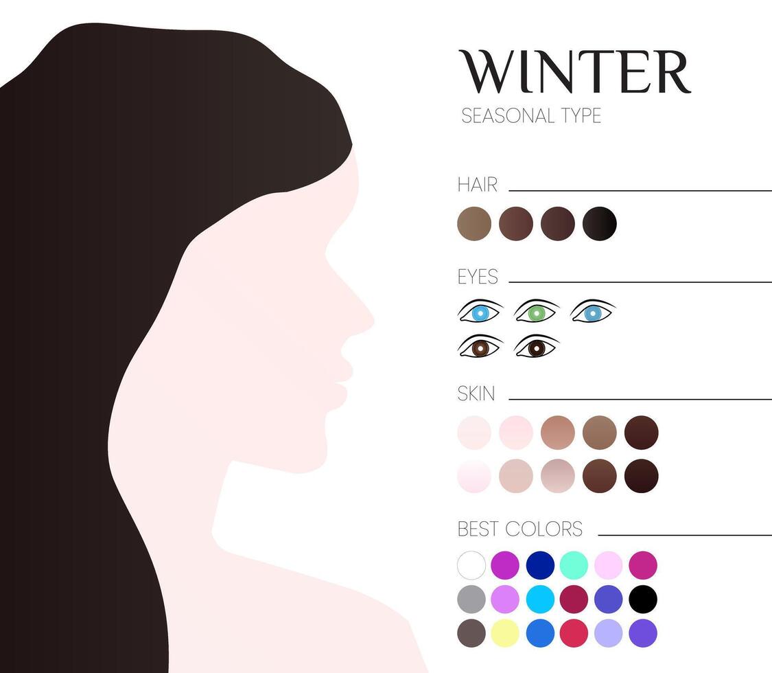 seizoensgebonden kleur analyse voor winter type. illustratie met vrouw vector