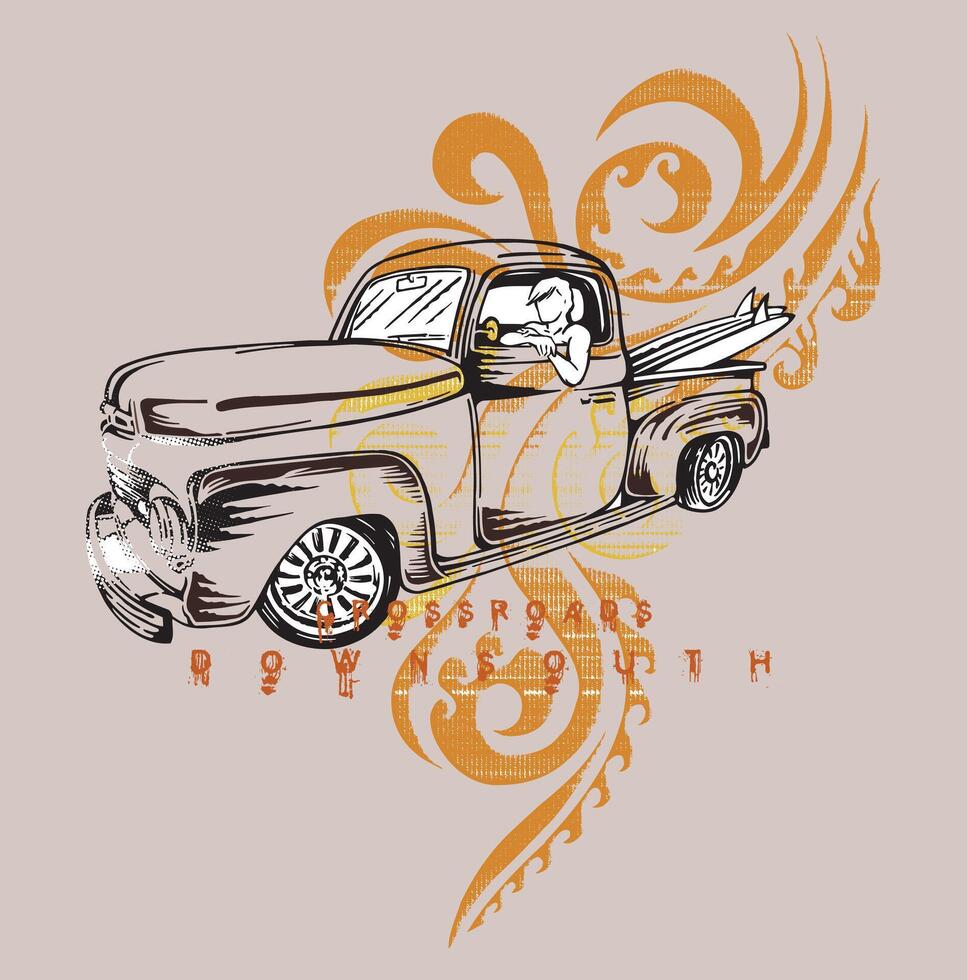 illustratie van surfer auto in gestript stijl met tribal elementen samenstelling in de achtergrond. vector