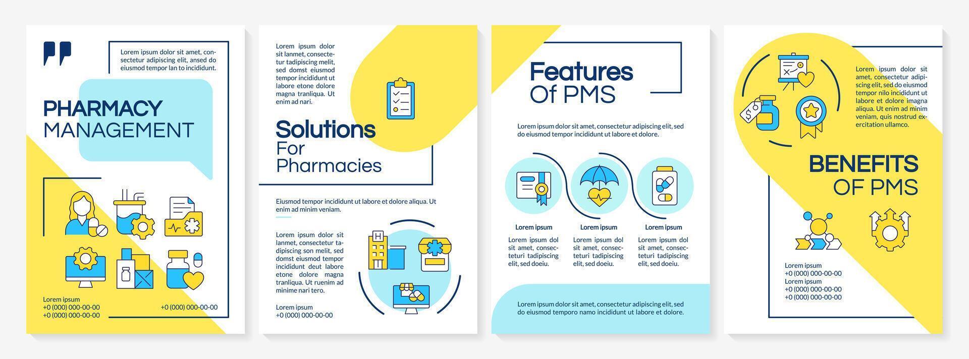 pms systeem voordelen brochure sjabloon. geduldig behoeften, geneeskunde dosering. brochure ontwerp met lineair pictogrammen. bewerkbare 4 indelingen voor presentatie, jaar- rapporten vector