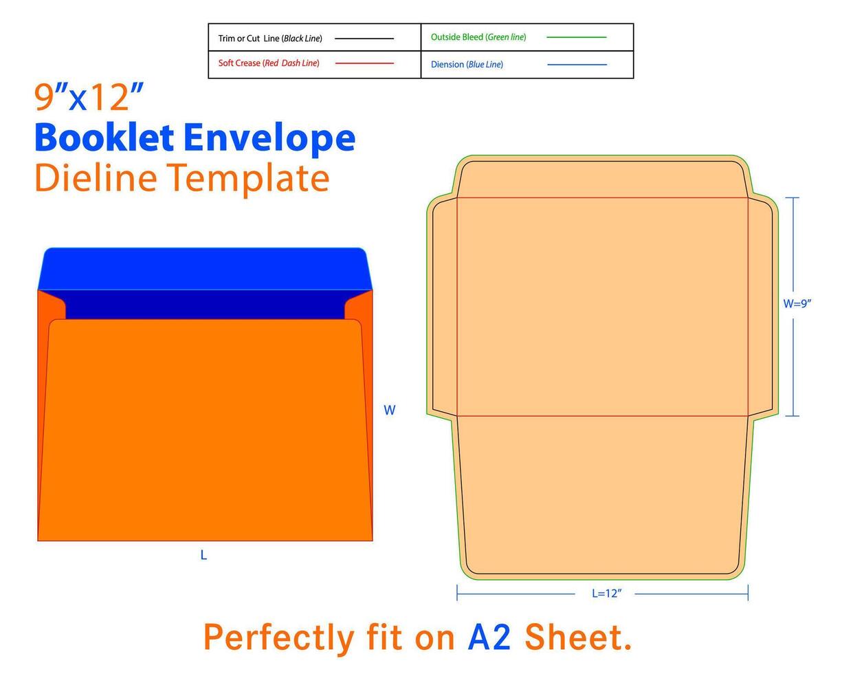 boekje envelop w 9, l 12 inches dieline sjabloon vector