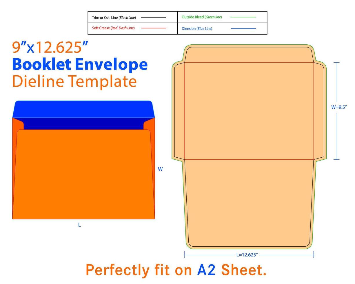 boekje envelop w 9,5, l 12.625 inches dieline sjabloon vector