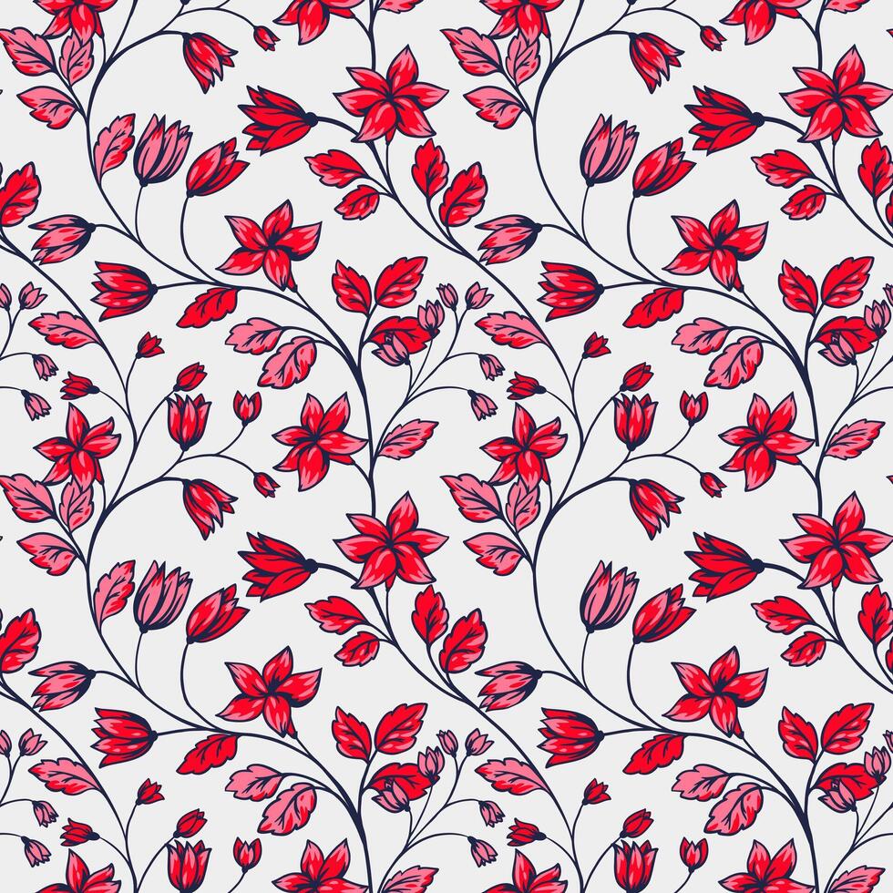 creatief wild planten met elkaar verweven in een naadloos patroon. hand- getrokken. abstract artistiek takken met klein ditsy rood bloemen en roze bladeren, bloemknoppen het drukken Aan een wit achtergrond. vector