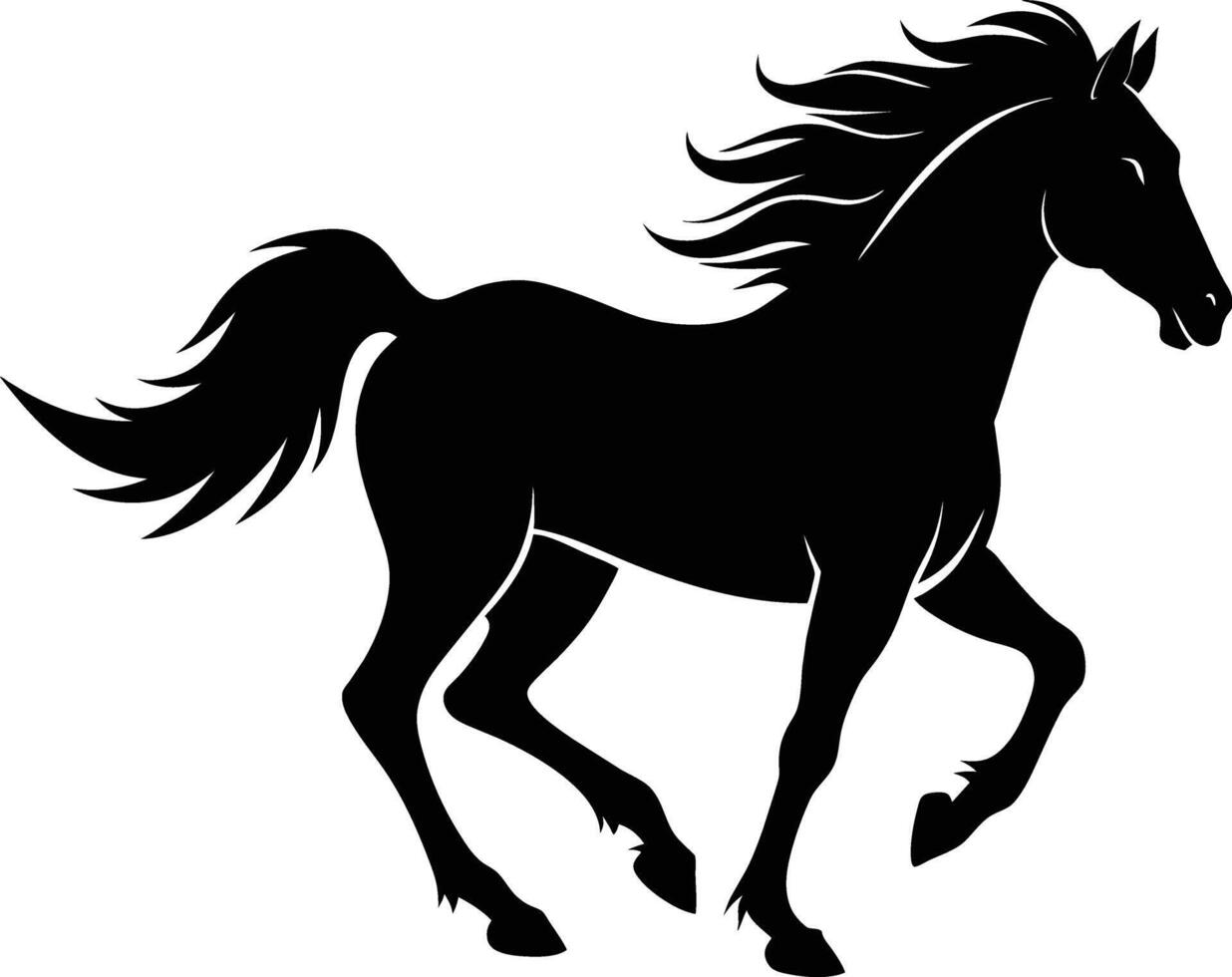 zwart silhouet van een paard rennen met een lang staart vector