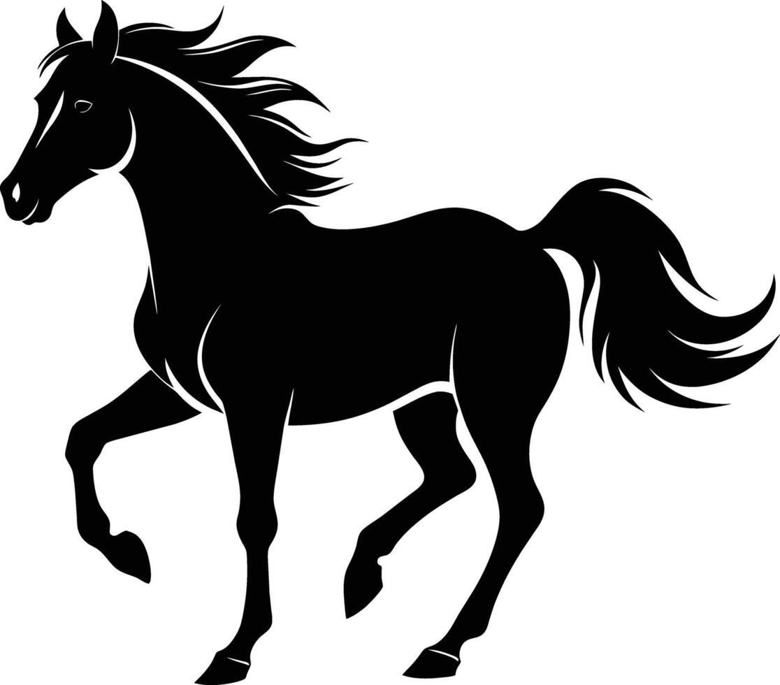 zwart silhouet van een paard rennen met een lang staart vector