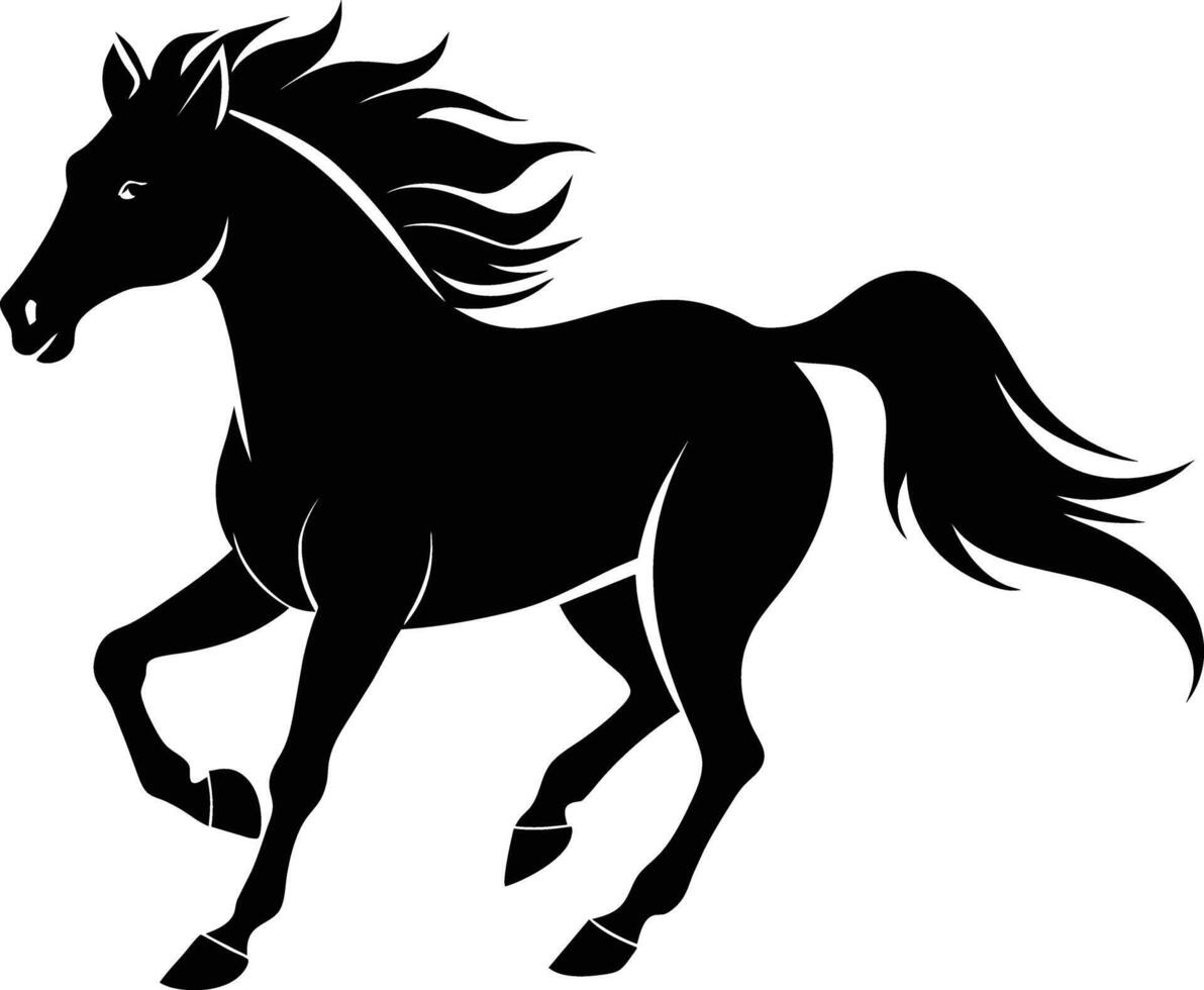 zwart silhouet van een paard rennen met een lang staart vector