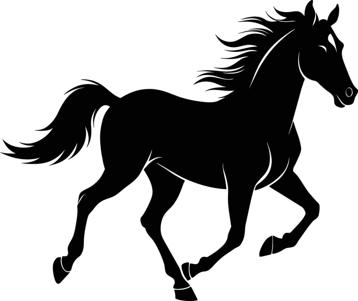 zwart silhouet van een paard rennen met een lang staart vector