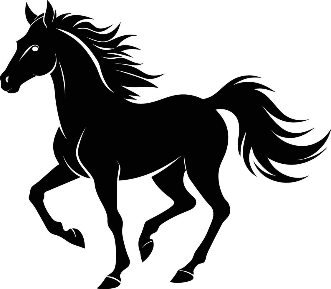 zwart silhouet van een paard rennen met een lang staart vector