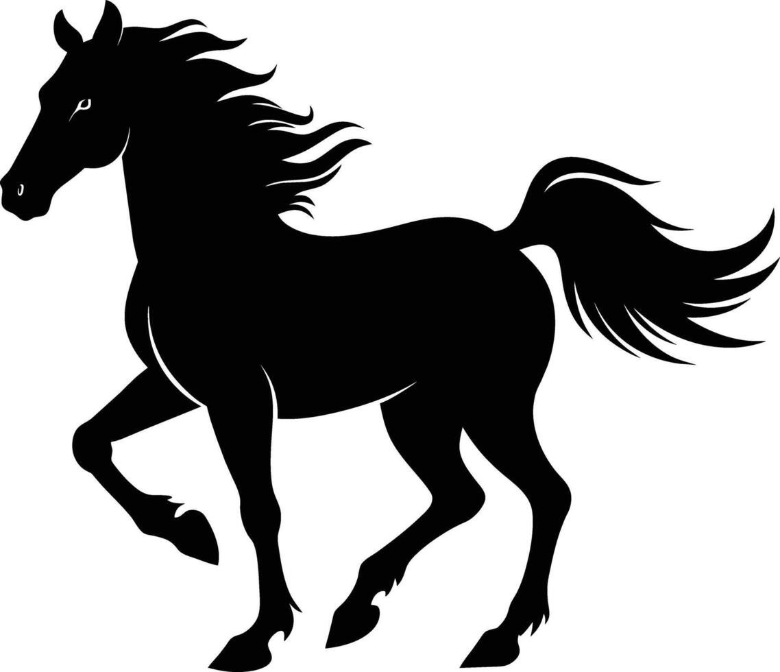 zwart silhouet van een paard rennen met een lang staart vector