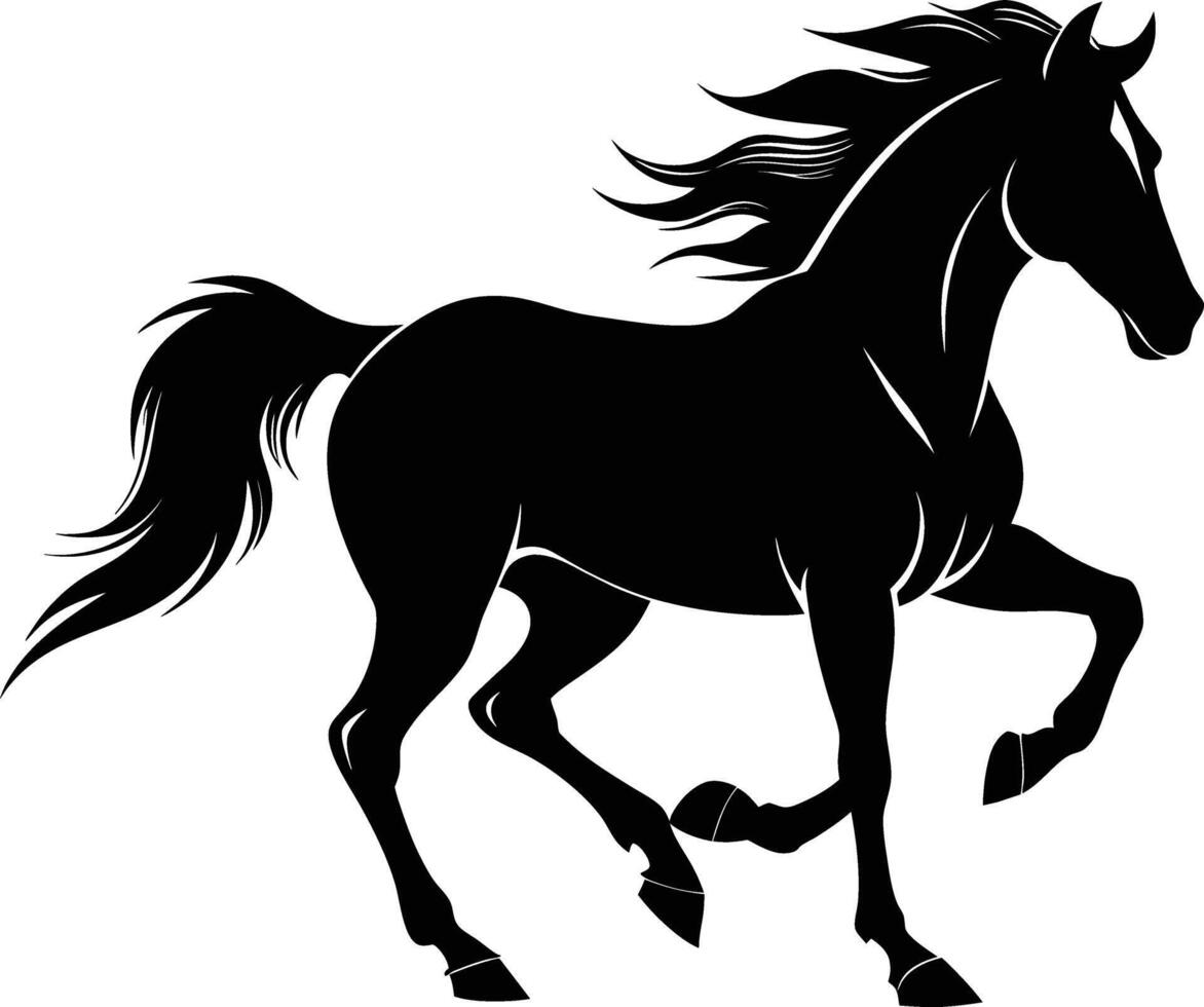 zwart silhouet van een paard rennen met een lang staart vector