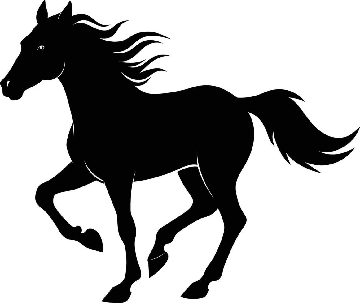 zwart silhouet van een paard rennen met een lang staart vector