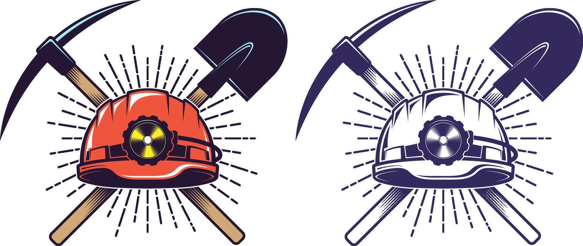 mijnbouw logo met helm plukken en Schep in retro wijnoogst stijl vector