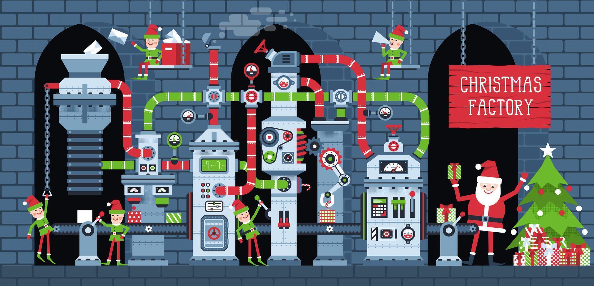 Kerstmis fabriek transportband met werken elfjes. de kerstman werkplaats machine productie nieuw jaar geschenken. fantastisch industrie Kerstmis illustratie. vector