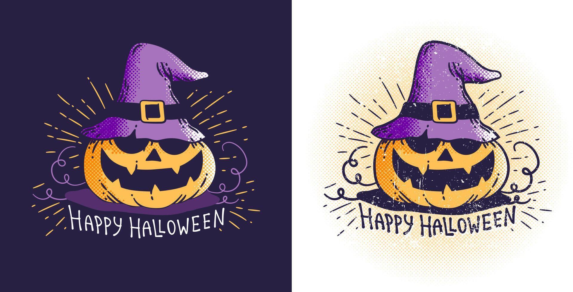 halloween pompoen in een magie hoed vector