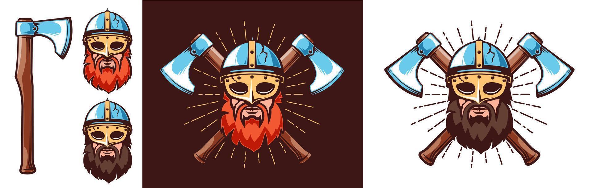 nordic krijger logo - gebaard viking in helm met masker en gekruiste strijd assen. illustratie. vector