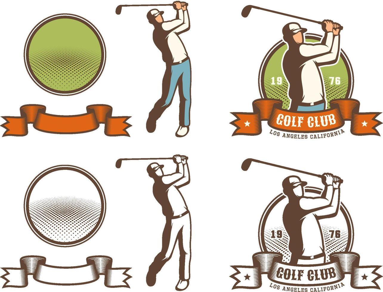 retro golf insigne met golfspeler raken de bal vector