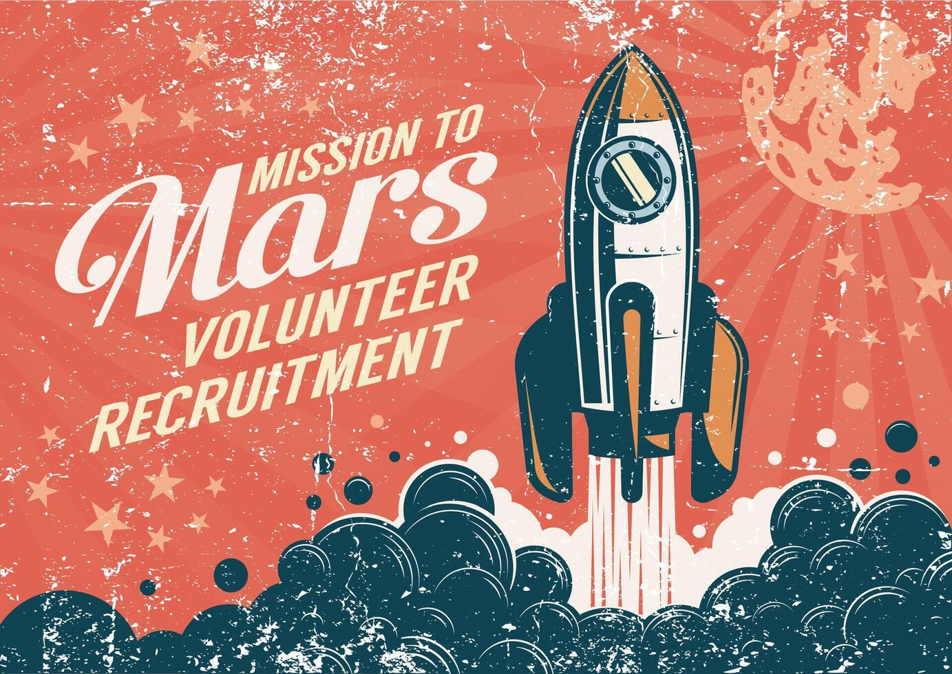 missie naar Mars - poster in retro wijnoogst stijl vector
