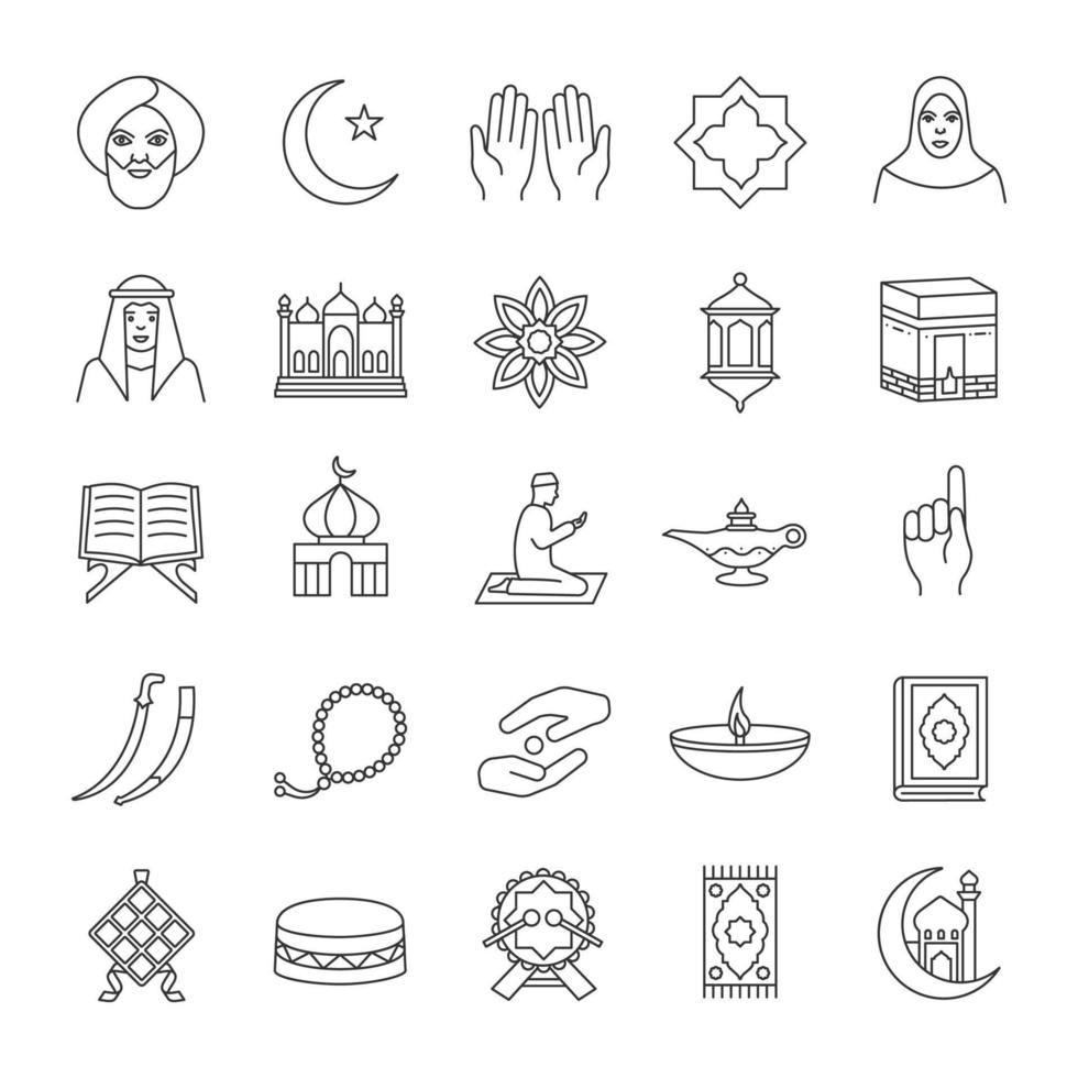 islamitische cultuur lineaire pictogrammen instellen. dunne lijn contour symbolen. moslim attributen. religie symboliek. geïsoleerde vectoroverzichtsillustraties vector