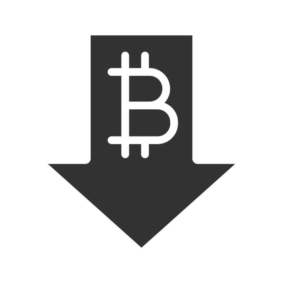 dalende glyph-pictogram voor bitcoin. cryptocurrency met pijl-omlaag. silhouet symbool. bitcoin ineenstorting. negatieve ruimte. vector geïsoleerde illustratie