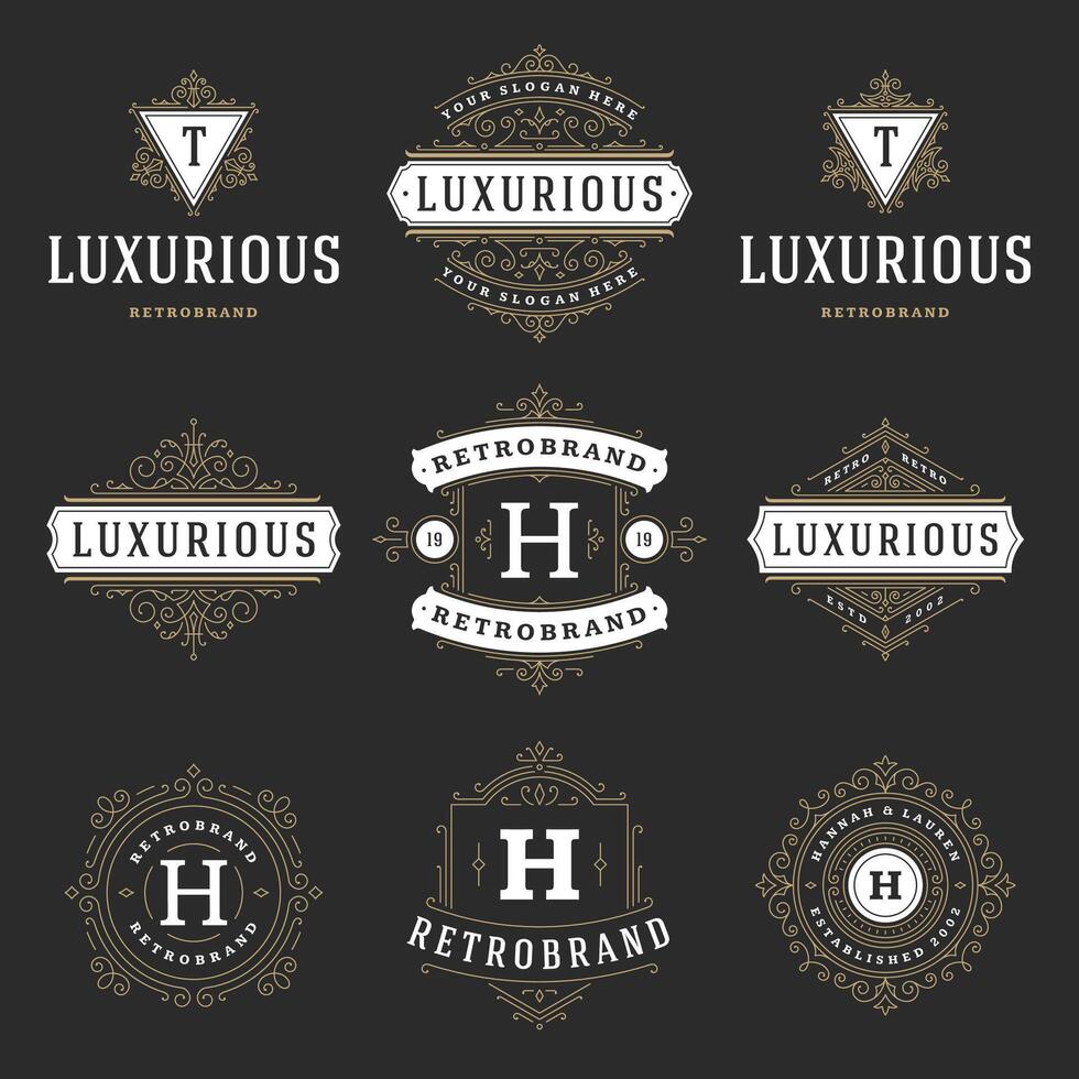 wijnoogst logos Sjablonen set, bloeit kalligrafische elegant ornamenten kaders en grenzen. vector