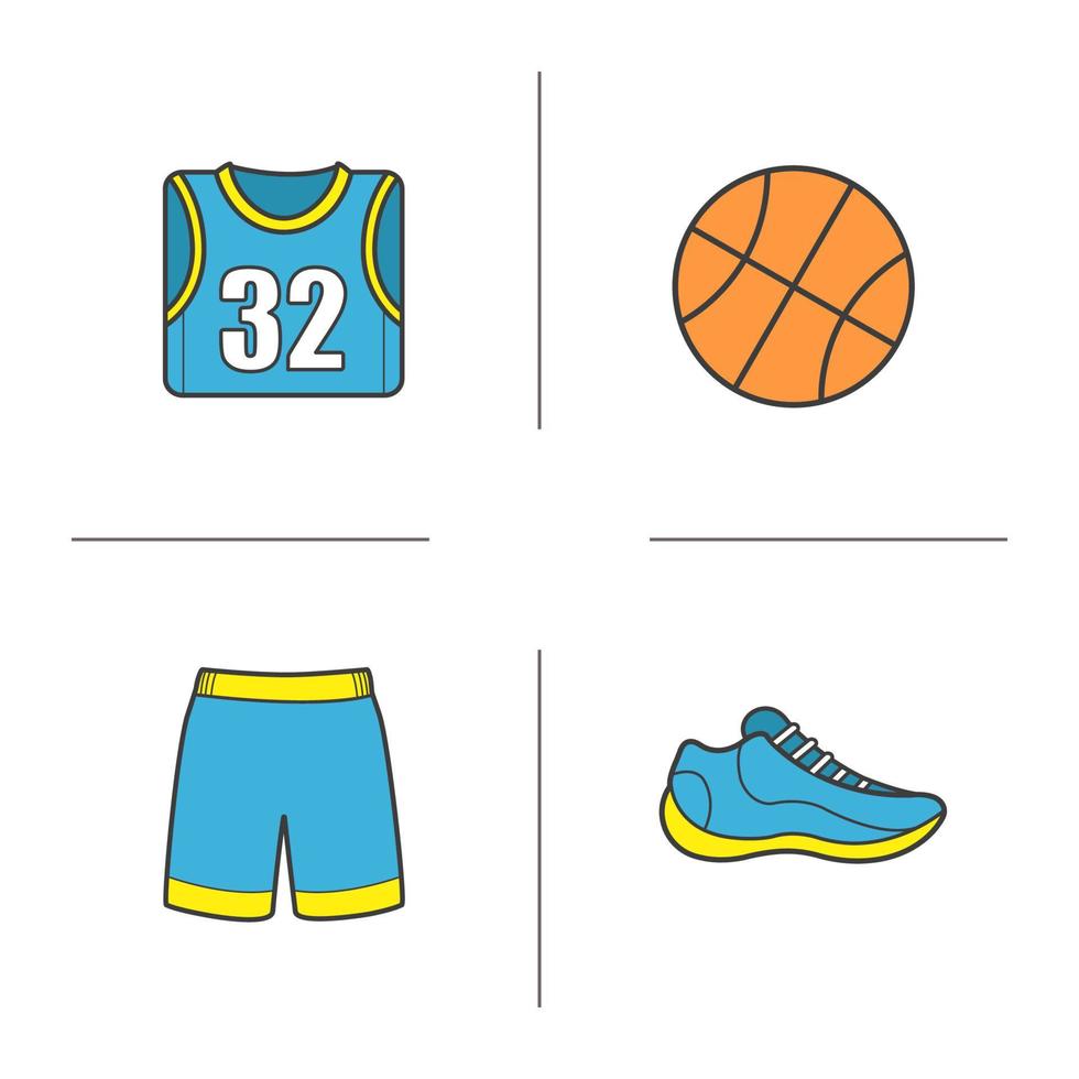 basketbal gekleurde pictogrammen instellen. bal, schoen, t-shirt, korte broek. uniform van een basketbalspeler. geïsoleerde vectorillustraties vector