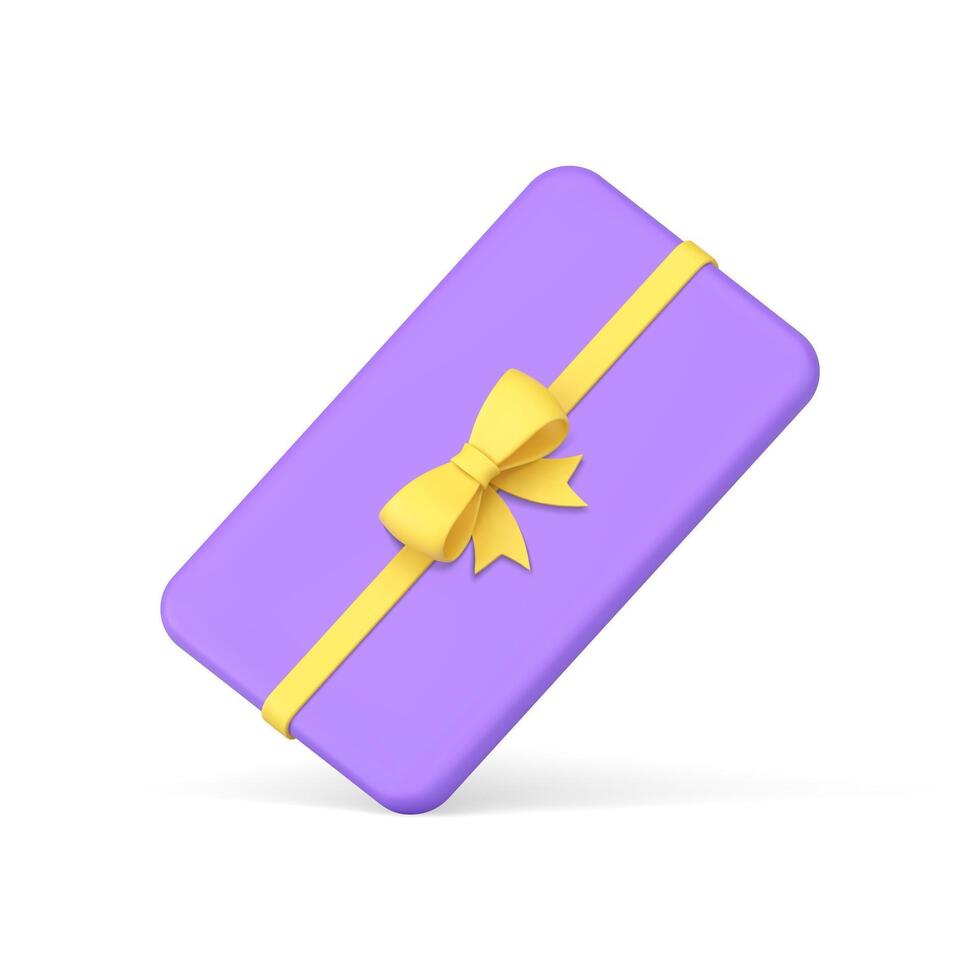 Purper glanzend rechthoek geschenk kaart met geel boog lint diagonaal geplaatst realistisch 3d icoon vector