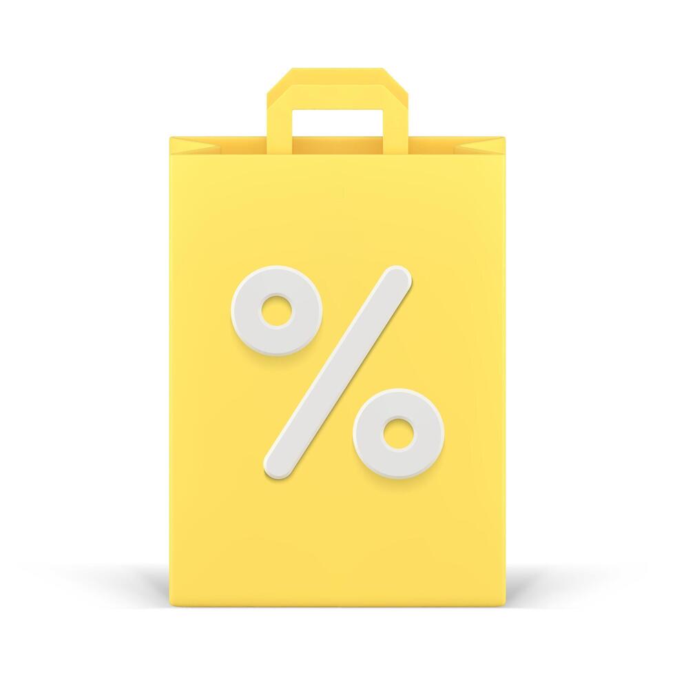 geel boodschappen doen papier zak uitverkoop korting percentage kleinhandel speciaal aanbod realistisch 3d icoon vector