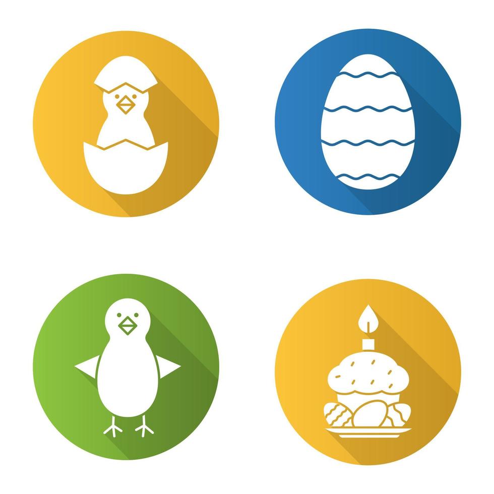 Pasen platte ontwerp lange schaduw iconen set. pasgeboren kippen, paaseieren, cake en kaars. vector silhouet illustratie