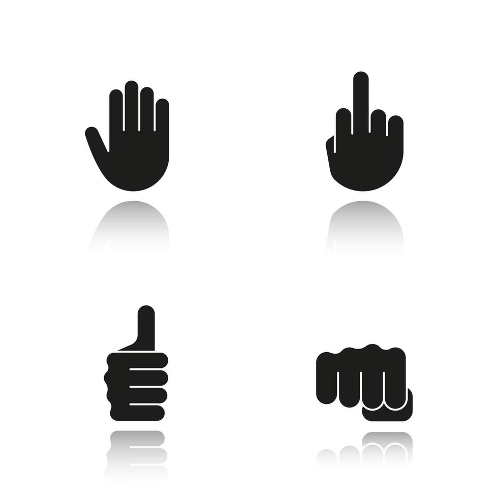 handgebaren slagschaduw zwarte pictogrammen instellen. middelvinger omhoog, handpalm, stoot, duim omhoog. geïsoleerde vectorillustraties vector