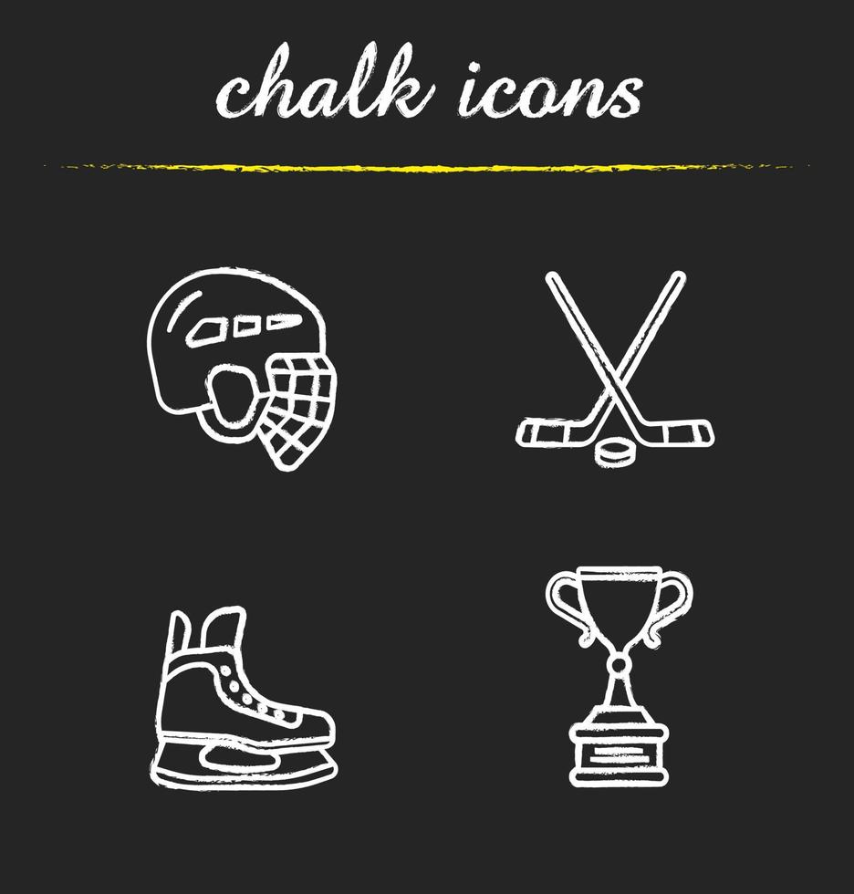 hockey apparatuur krijt pictogrammen instellen. helm, schaats, stokken, winnaarsprijs. geïsoleerde vector schoolbord illustraties