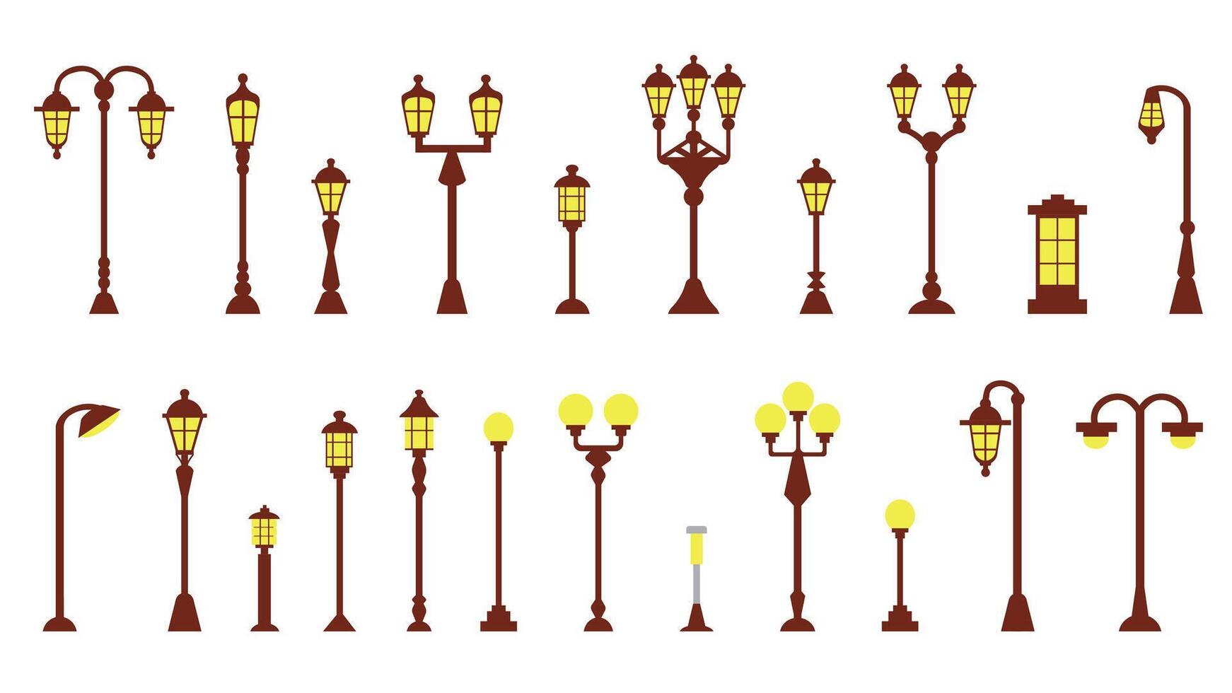 reeks van pictogrammen van modern en wijnoogst lantaarns van elementen van stedelijk infrastructuur en stad parken, illustraties in een vlak stijl. vector