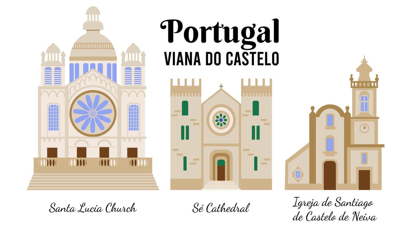 bezienswaardigheden van viana Doen castelo Portugal platte stijl illustratie voor ontwerpen souvenir ansichtkaarten. Portugees architectuur vector