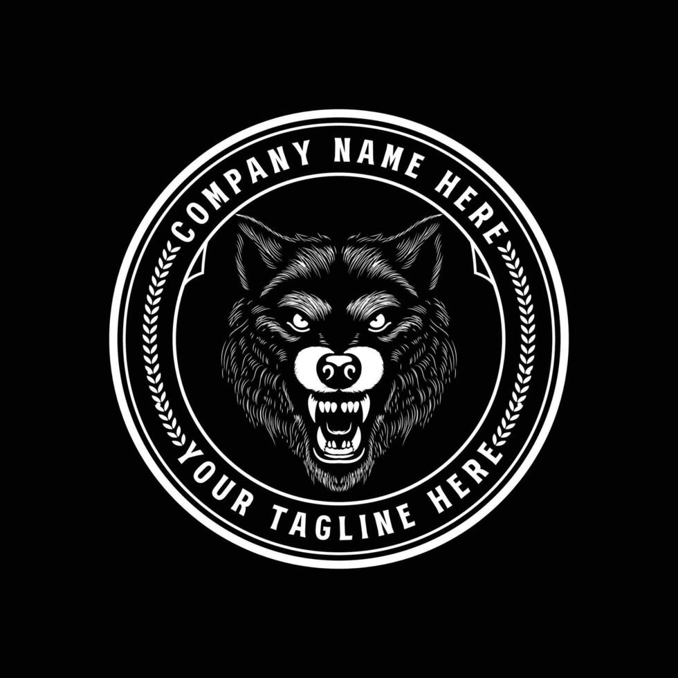 wijnoogst retro hand- getrokken brullen boos wolf hond hoofd insigne embleem etiket ontwerp vector