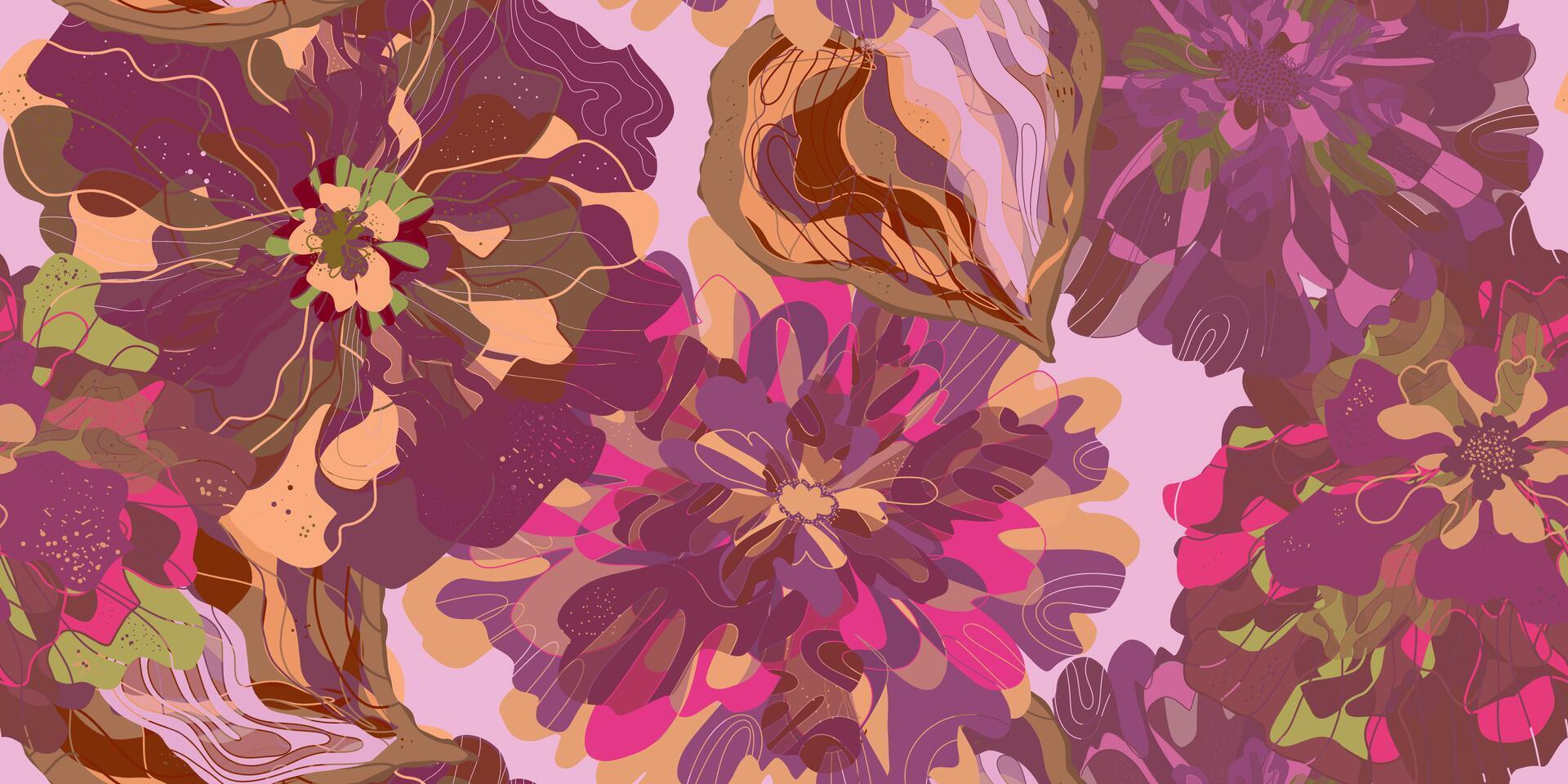 een Purper en roze bloemen patroon met bruin en groen bladeren vector