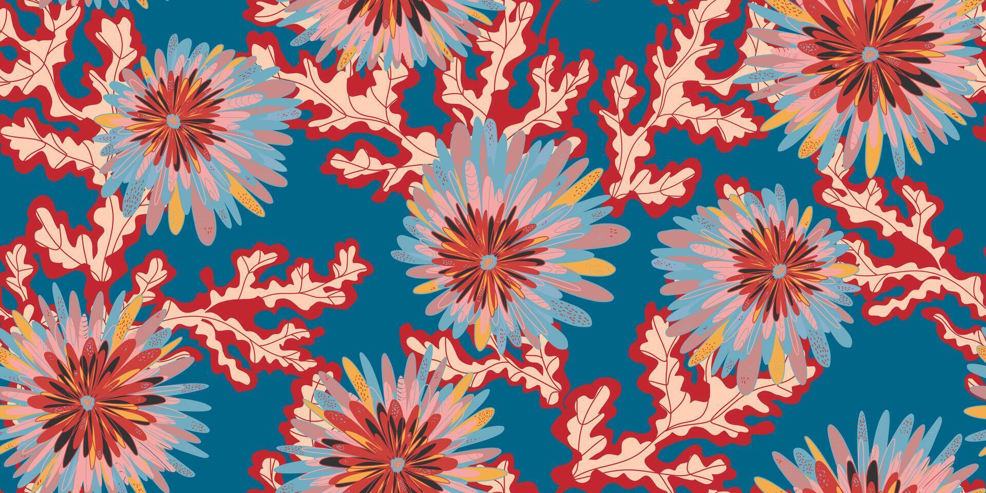 een blauw en rood bloemen patroon Aan een blauw achtergrond vector