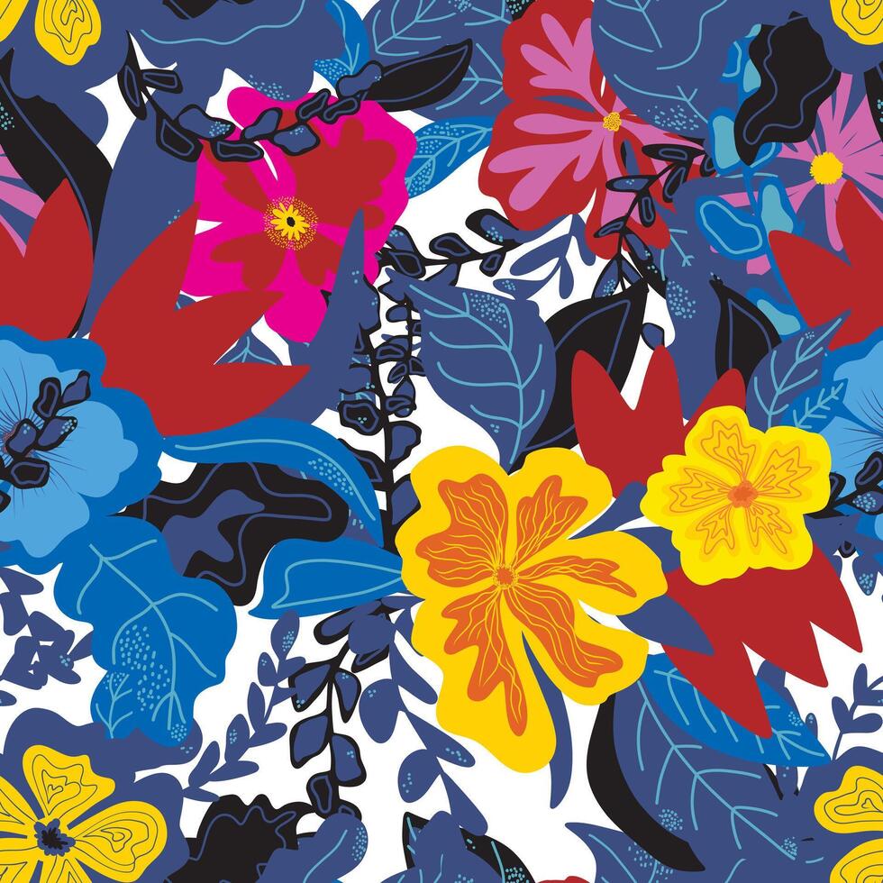 een kleurrijk bloemen patroon met blauw, geel en rood bloemen vector