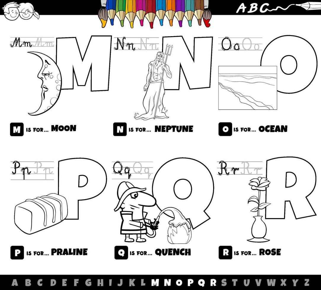 educatieve alfabet letters tekenfilm set van m tot r kleurplaat vector