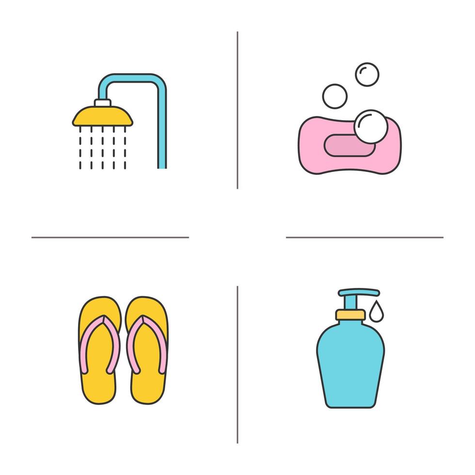 spa salon gekleurde pictogrammen instellen. spa salon douche, slippers, spons met bubbels, douchegel met druppel. geïsoleerde vectorillustraties vector