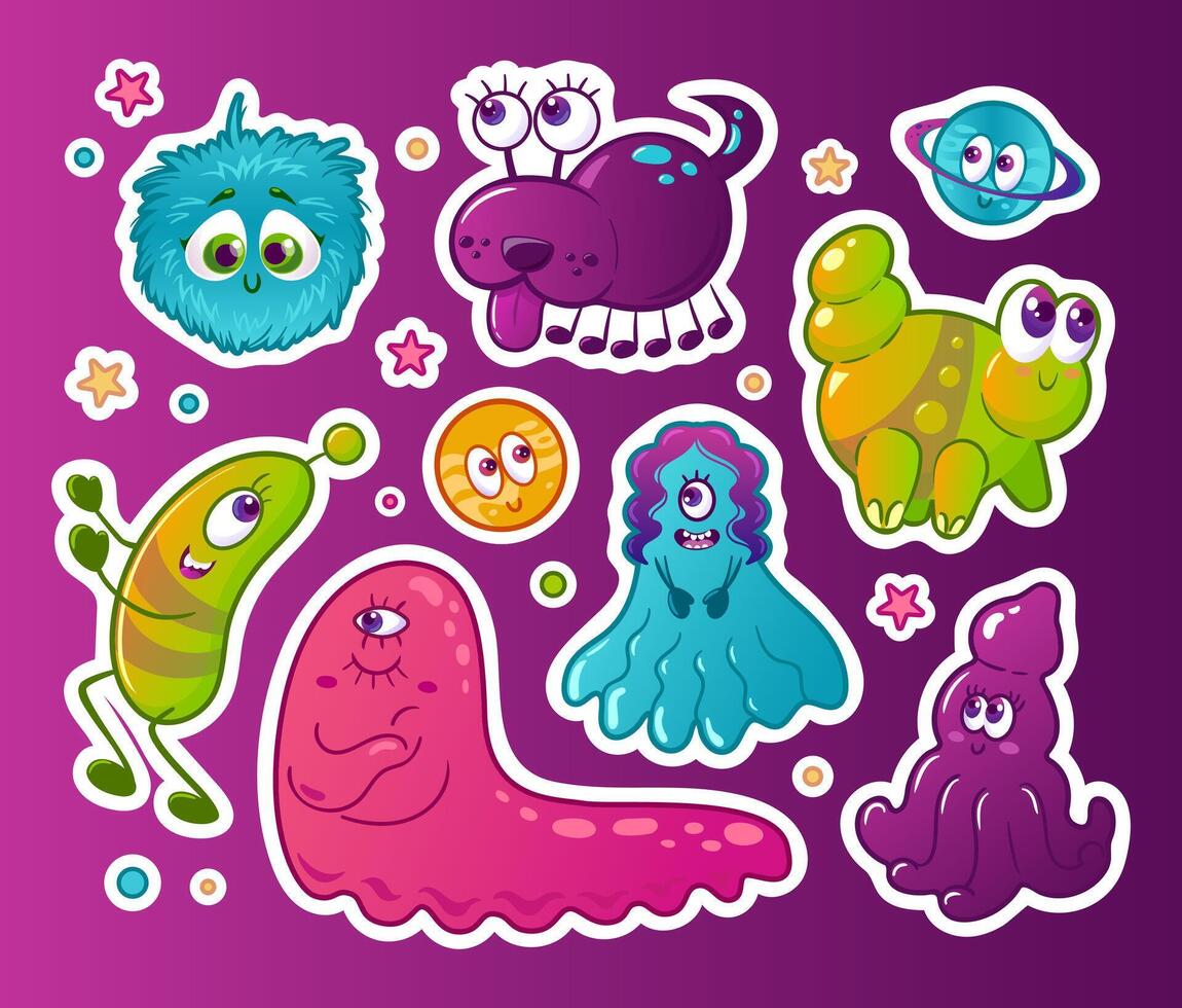 reeks schattig ruimte tekenfilm monsters. buitenaardse wezens, grappig en schattig kleurrijk halloween tekens met verschillend emoties. neon kleuren, y2k, verloop, jaren 2000 ruimte vluchten, de toekomst. stickers, ontwerp elementen. vector