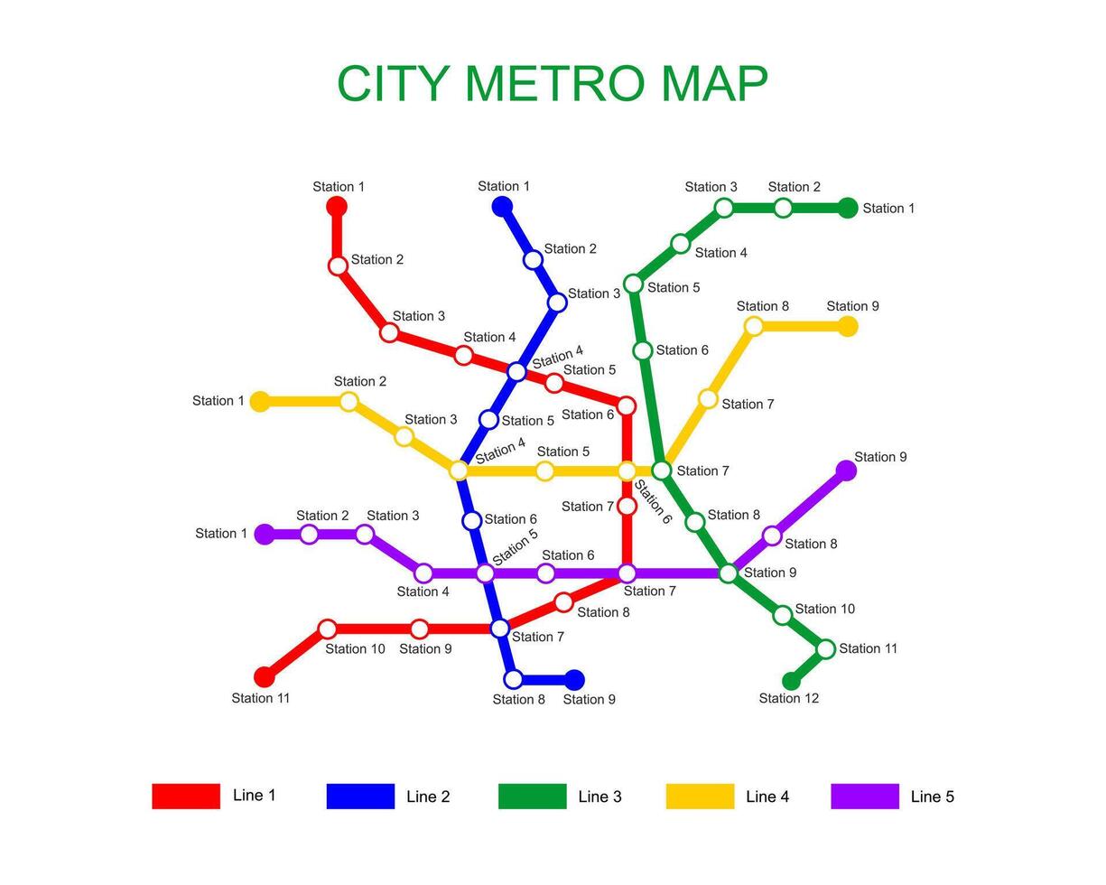 stad metro kaart sjabloon. metro plan met 5 gekleurde manier lijnen met stations. infographic diagram van openbaar snel vervoer netwerk vector