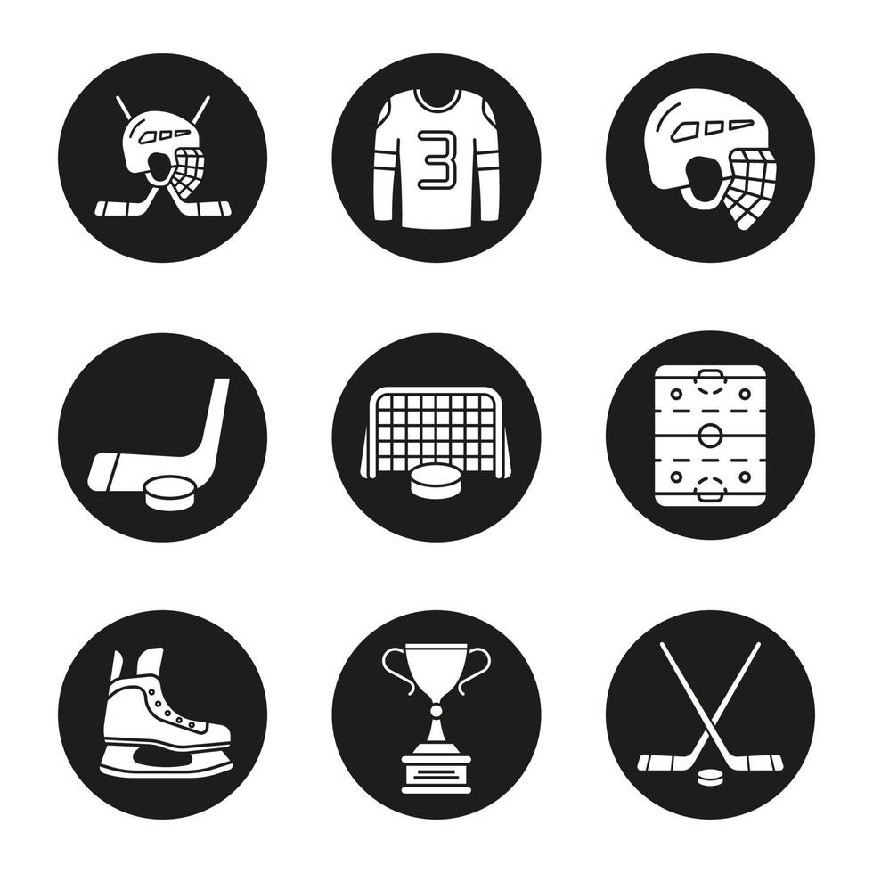 hockey apparatuur pictogrammen instellen. helm, puck en stokken, shirt, poort, schaats, winnaarstrofee, hockeybaan. vector witte silhouetten illustraties in zwarte cirkels