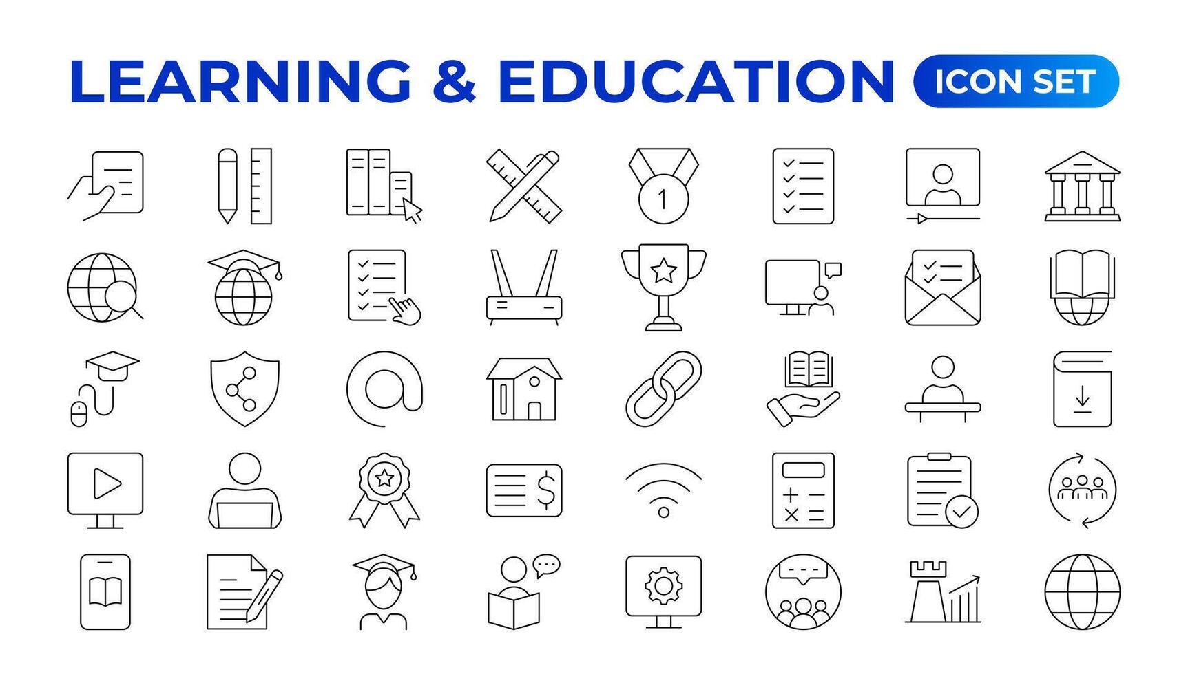 onderwijs aan het leren dun lijn set. terug naar school- icoon reeks met verschillend pictogrammen verwant naar opleiding, succes, academisch onderwerpen, en meer. opleiding, school, bewerkbare beroerte pictogrammen. vector