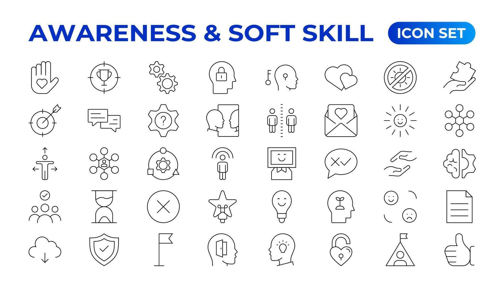 reeks van zelf bewustzijn pictogrammen. dun lineair stijl pictogrammen pak. illustratie. vrijwilligerswerk set. schets reeks vrijwilligerswerk icoon. zacht vaardigheden icoon met communicatie, empathie, assertiviteit. vector