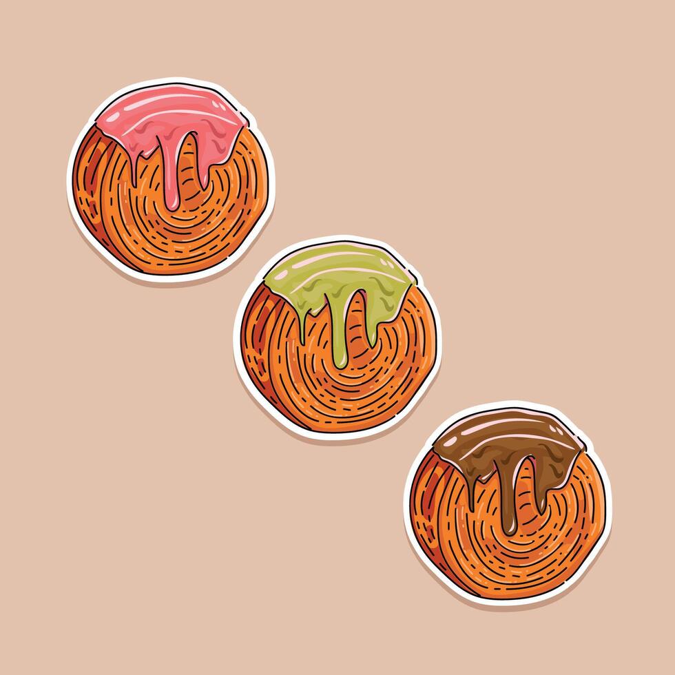 reeks van cromboloni illustratie. cromboloni is croissant bomboloni. populair zoet toetje in Indonesië. nieuw york broodjes croissant of cromboloni met divers smaken illustratie. vector