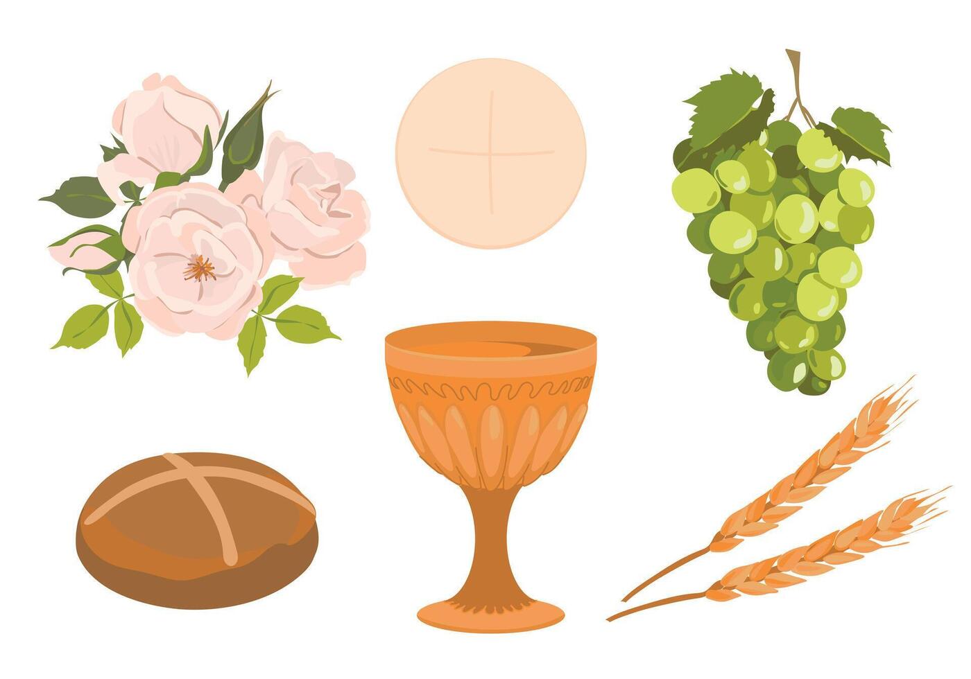 elementen van een Katholiek eerste gemeenschap. set. gouden kom voor wijn, brood, wijn, druiven, wit rozen. elementen voor mooi uitnodiging ontwerp. vector